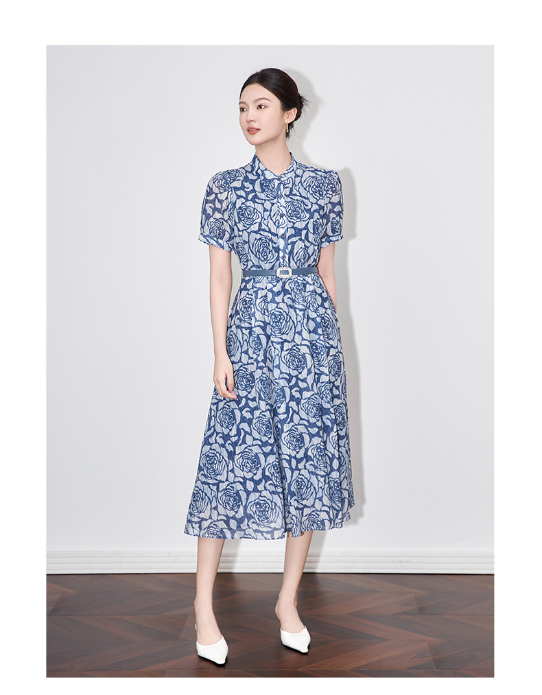 Đầm suông nữ midi thiết kế thắt eo phong cách retro — Màu xanh lam chi tiết 7