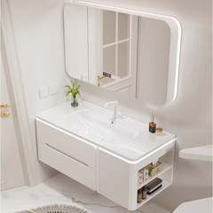 Cream-style oak lacquered bathroom cabinet with rounded edges, featuring an integrated ceramic sink—simple yet modern washbasin set.