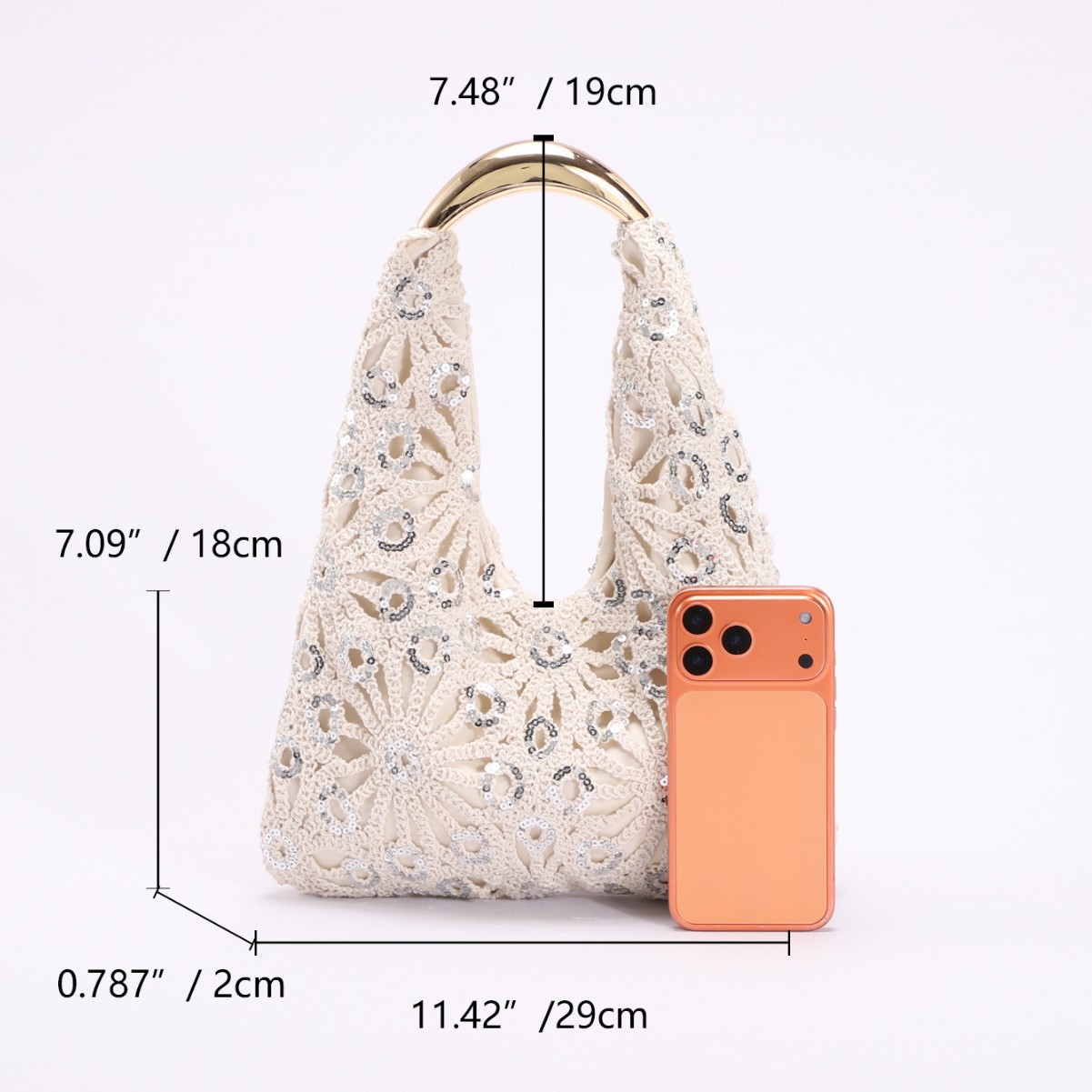 Cross-Border Women's New Sequin Hollow Crochet Bag Flower Pattern Vacation Style Crescent Handbag - Thumbnail 2