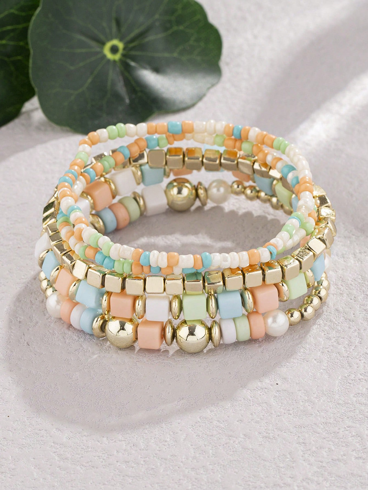 20g Weight Acrylic Pendant Material Bracelets Classification Alloy Chain Material 1 Set Quantity Holiday, Daily, Street Occasion Alloy Material Geometric Pattern Unisex Gender Beaded, Plating Design Retro Style Retro Geometric Alloy Beaded Bracelets Wholesale 6