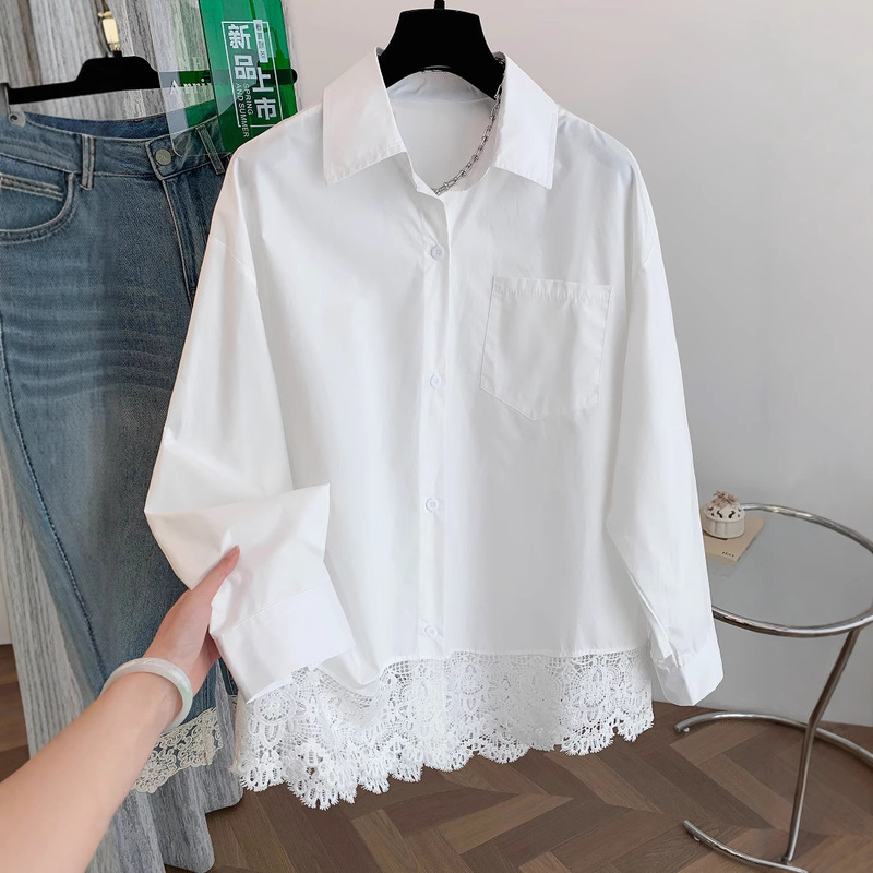 European High-End White Lace Splicing Shirt for Women 2025 Early Spring New Loose and Super Nice Cotton Top Trendy