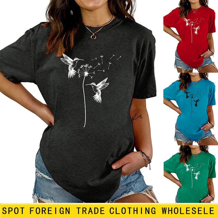 Amazon Cross-Border Export Fun Stylish Women's Dandelion Two Birds Round Neck Short-Sleeved Loose Versatile T-Shirt