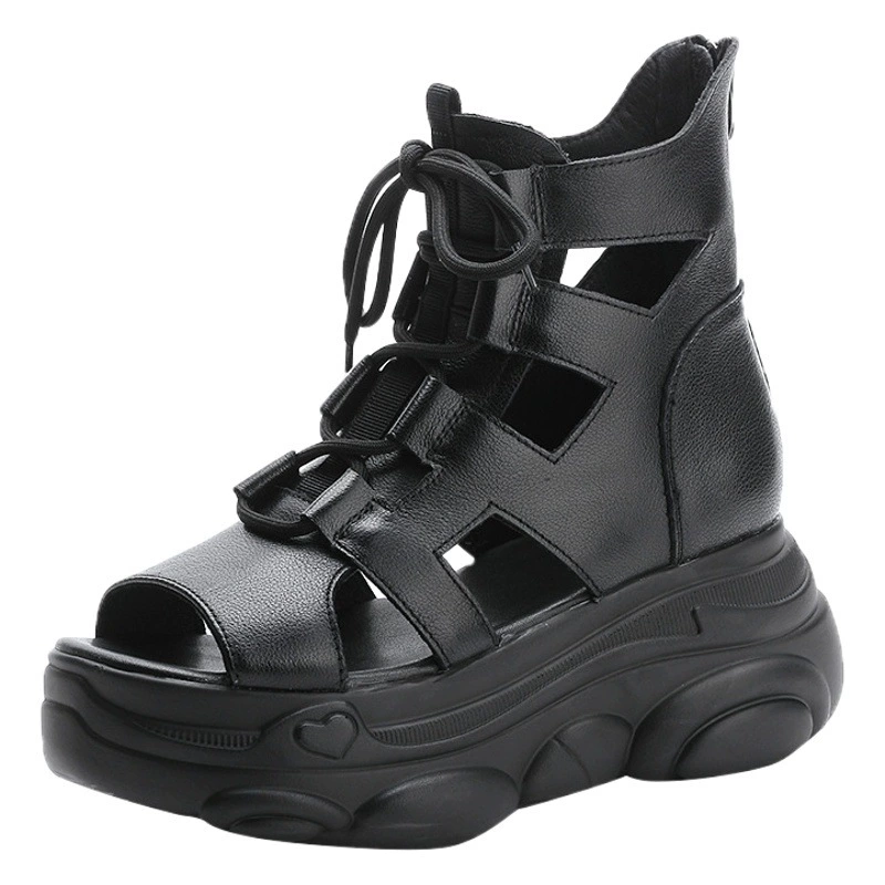 Римские туфли на танкетке из воловьей кожи на толстой подошве, сандалии в стиле ретро из натуральной кожи, летние модные туфли с высоким берцем 2025 года, женские сандалии