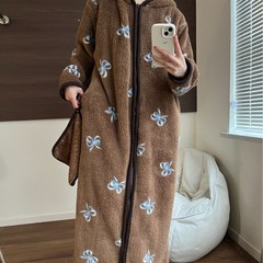 【实拍】鸿楠蓝丝带芭蕾小熊毛绒拉链睡衣加厚保暖家居服睡袍连帽