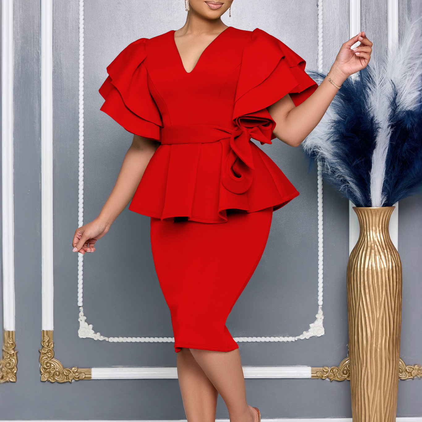 D3314 's New Stylish And Elegant Ruffled Solid Color Bodycon Party African Dress_voghion.com