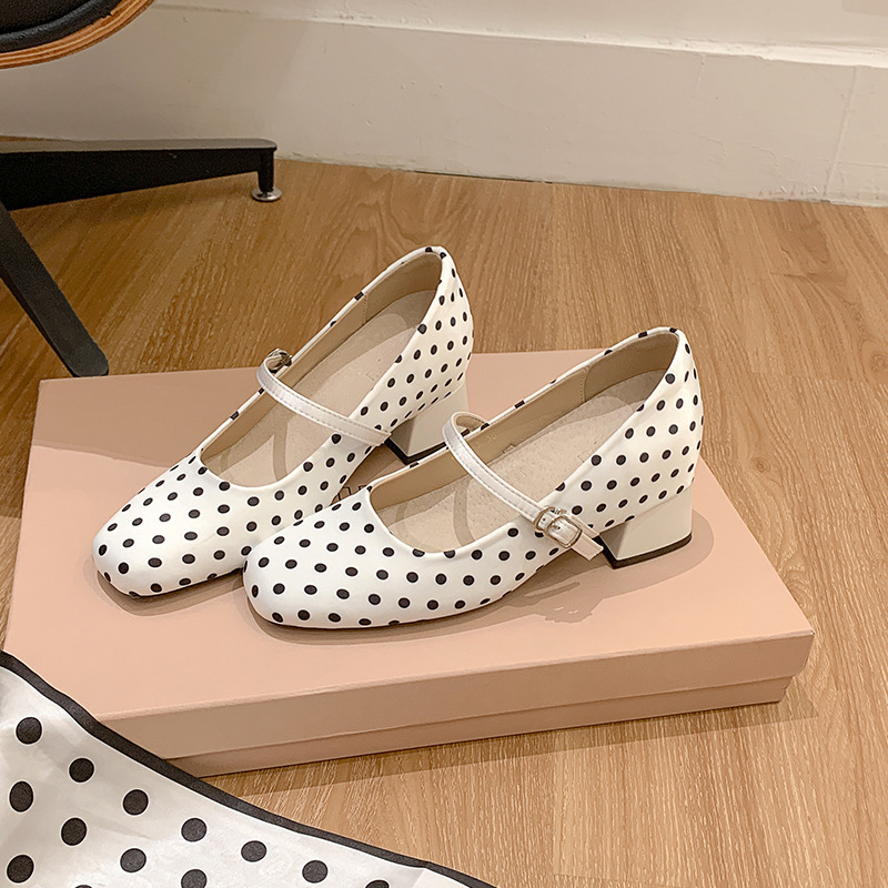 Sheepskin French Square-Toe Polka Dot Mary Jane Shoes for Women, 2026 New Fashionable Elegant Ballet-Style Shallow High Heels Sheepskin French Square-Toe Polka Dot Mary Jane Shoes for Women, 2026 New Fashionable Elegant Ballet-Style Shallow High Heels
