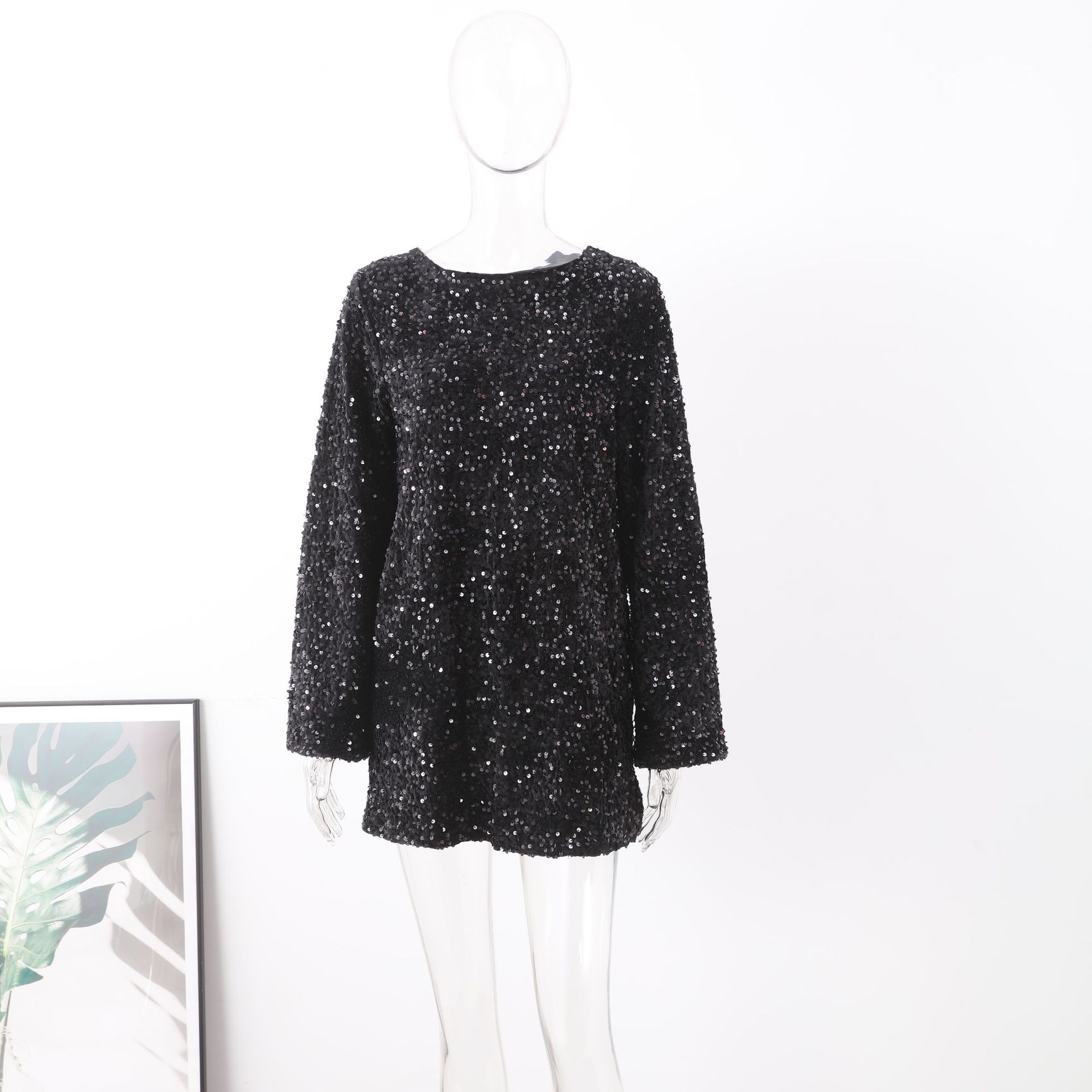 Women's Sequin Dress Party Dress Elegant Streetwear Round Neck Long Sleeve Solid Color Above Knee Party Street Cocktail Party display picture 6