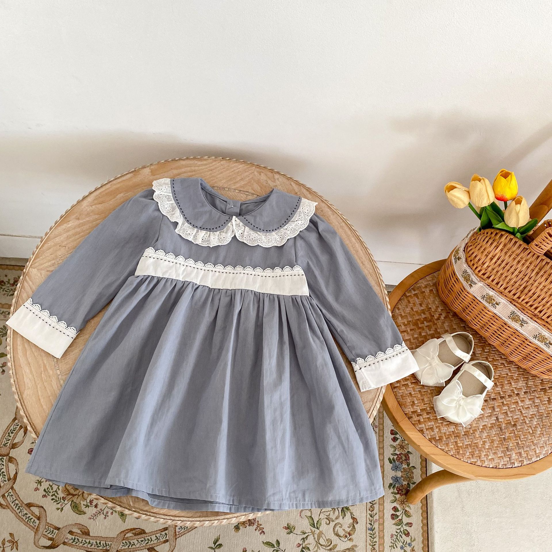 INS 2024 Herbst Baumwolle Klasse A Schwestern Mädchen Baby Spitze Puppe Hals Langarm Furz Gewickelt Romper + Rock_voghion.com