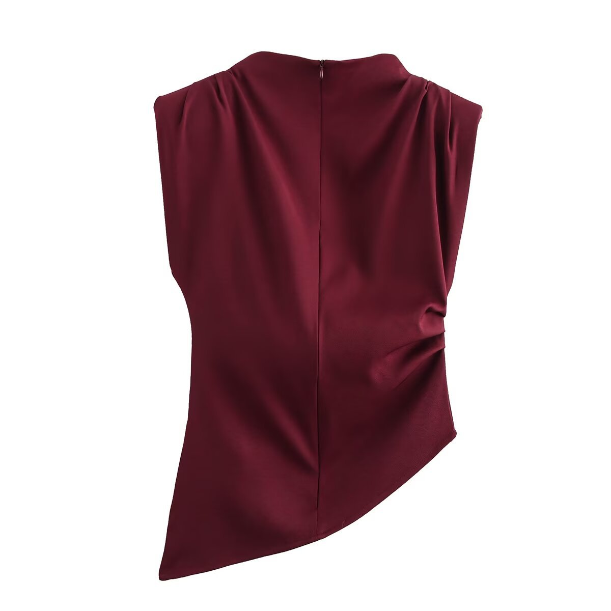 T-shirt Tops Type Daily Occasion High Neck Neckline Wholesale Women's Casual Solid Color Wine Red Sleeveless Pleated T-Shirts