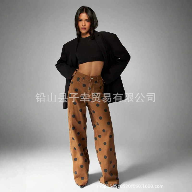 Cross-Border Exclusive Supply of American Retro Green Polka Dot High-Waisted Wide-Leg Jeans, Drapey Straight-Leg Floor-Length Pants for Export