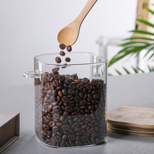 Cross-border supply of high borosilicate square sealed jars, transparent glass storage jars, coffee bean storage jars with spoons