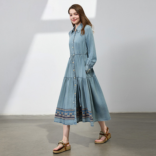 2025 New Spring Retro Drawstring Bodycon Dress for Women, Hand-embroidered Denim Skirt A82751