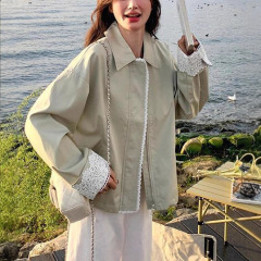 花边拼接翻领长袖夹克外套女新款短款设计感棒球服上衣潮春秋女装