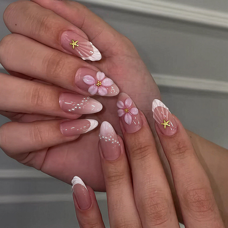 European and American Cross-Border Short Almond-Shaped 3D French-Style Floral Pearl Starfish Handmade Premium Press-On Nails European and American Cross-Border Short Almond-Shaped 3D French-Style Floral Pearl Starfish Handmade Premium Press-On Nails