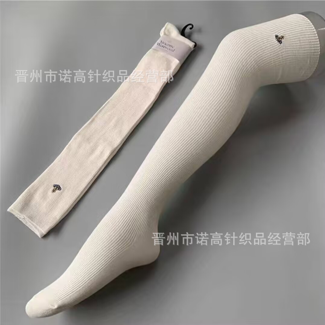 Calcetines japonesas bordadas Saturno rodilla sobre rodilla calcetines sólidas escolares de doble aguja peinadas calcetines de algodón