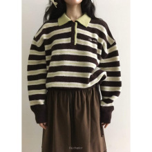 INS韩国东大门秋季时髦复古撞色条纹慵懒翻领抽绳可调节衣长毛衣