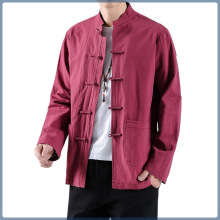 跨境中国风男亚麻长袖衬衫男盘扣立领唐装中式复古棉麻衬衣练功服