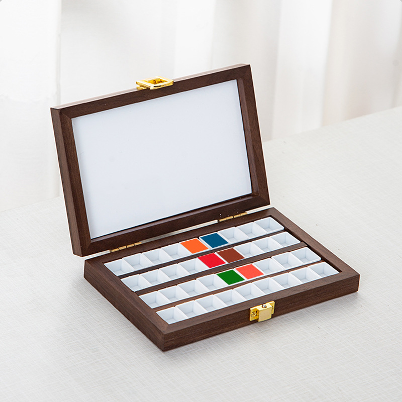 Paleta de mezcla de pintura al óleo de 15 colores Walnut, caja de madera portátil, paleta de acuarela, caja de pintura acrílica de madera