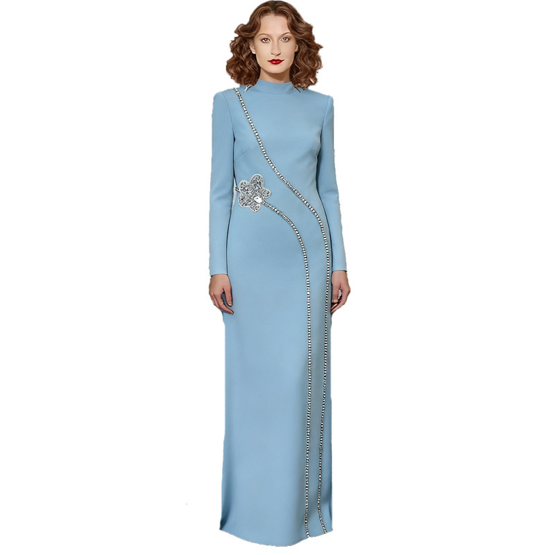 Cross-Border Hot-Selling In-Stock 2026 New Long-Sleeve Elegant Beaded and Rhinestone-Embellished Long Dress Gown