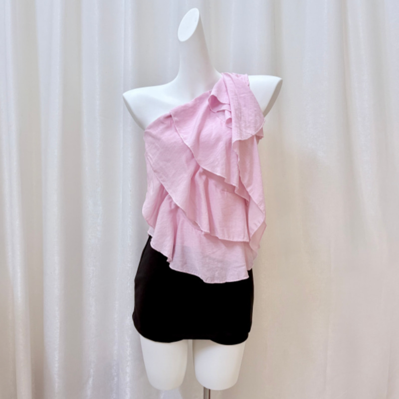 【Silk Chiffon + Zipper】Pure Desire Ruffled Edge Ribbon Top for Summer, Off-Shoulder, Slim Fit, Sleeveless 【Silk Chiffon + Zipper】Pure Desire Ruffled Edge Ribbon Top for Summer, Off-Shoulder, Slim Fit, Sleeveless