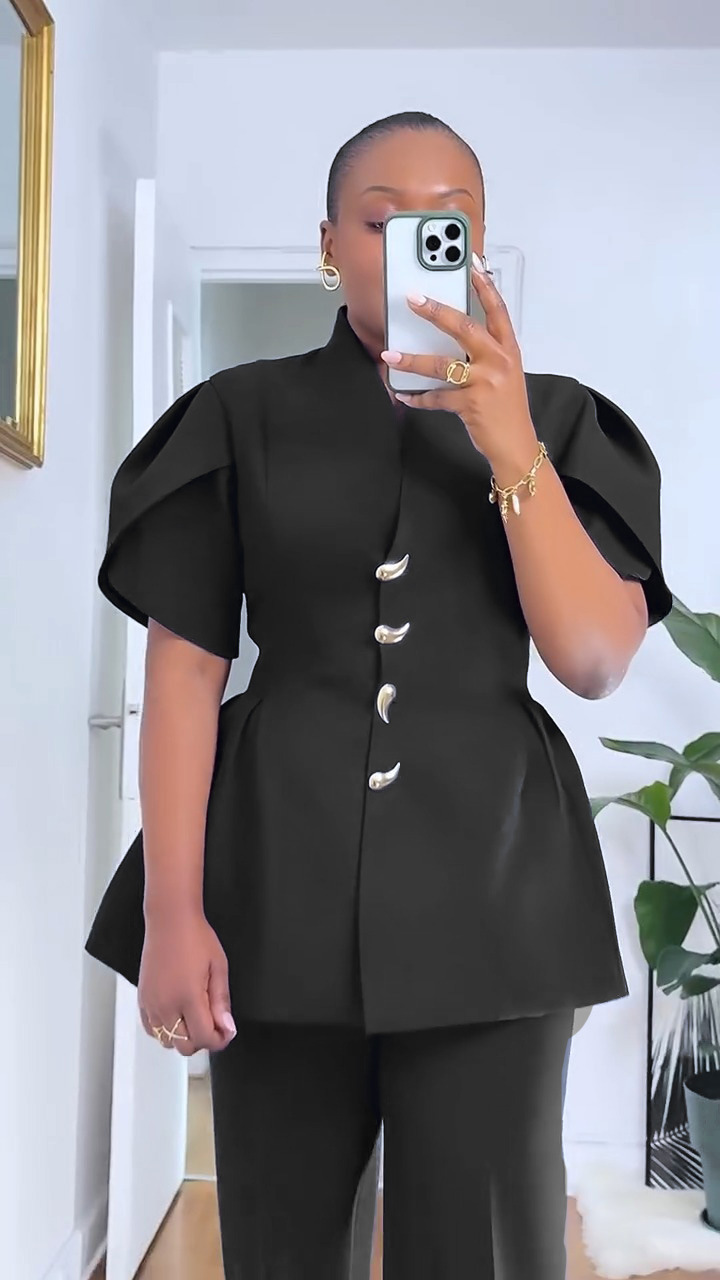 Completo elegante due pezzi con maniche a sbuffo per donna_voghion.com