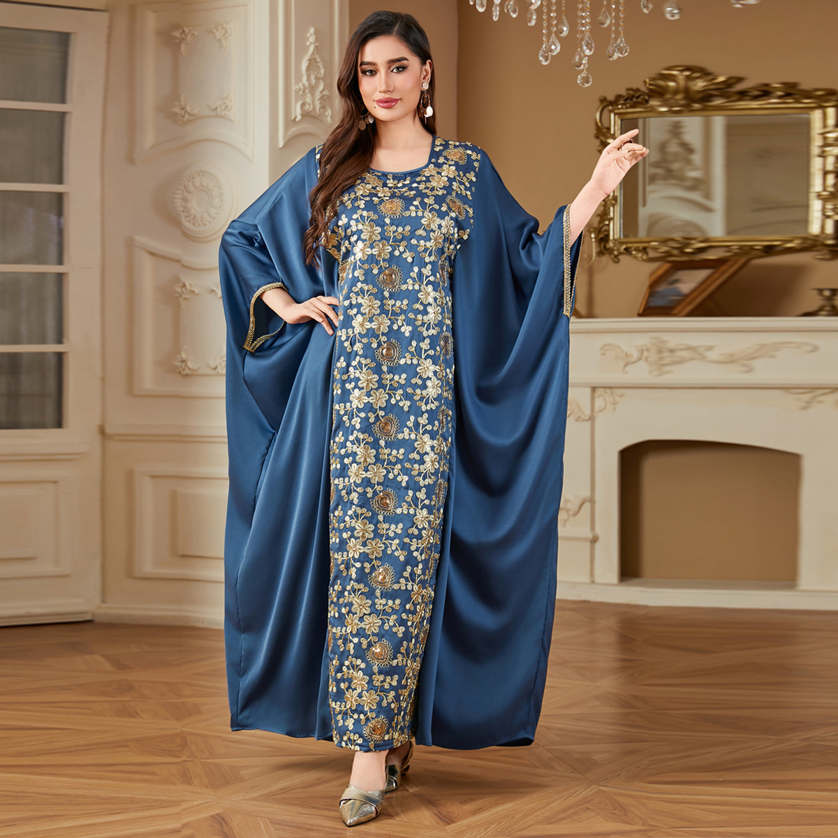 6607 Middle Eastern Arab Fashion Sequined Heavy Embroidery Dress With Bat Sleeves, Waist-cinching, Loose-fitting Robe_voghion.com