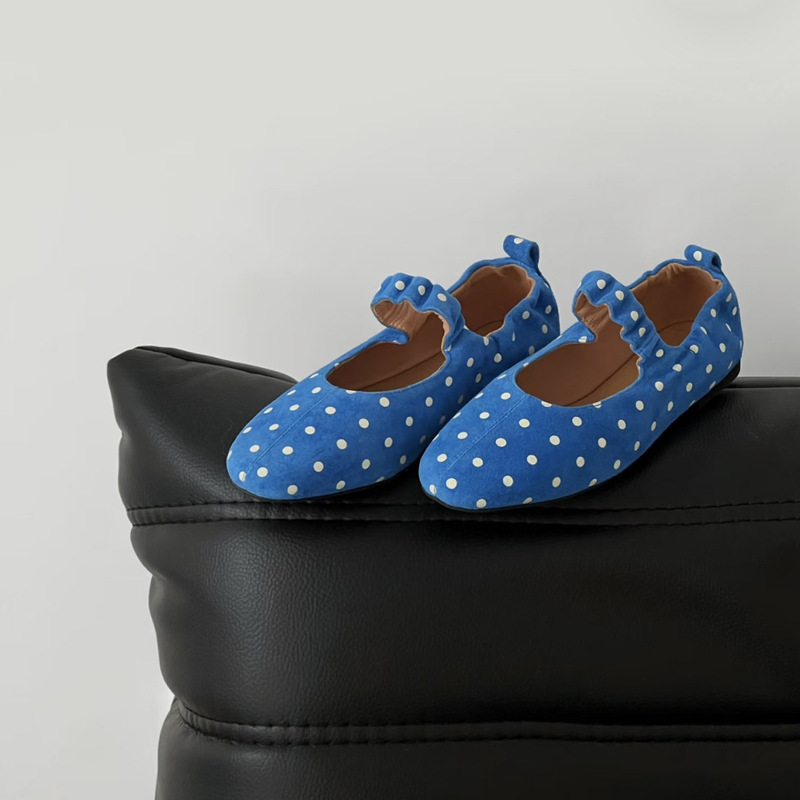 2026 New Product: Women's Blue Genuine Leather Flat Mary Jane Ballet Shoes with Matte Leather Print and Polka Dots 2026 New Product: Women's Blue Genuine Leather Flat Mary Jane Ballet Shoes with Matte Leather Print and Polka Dots