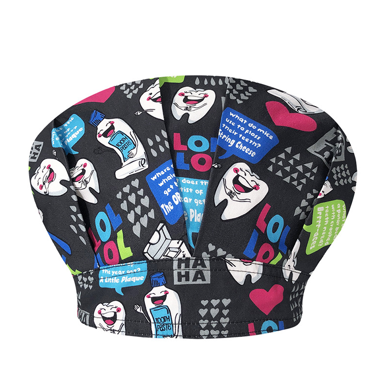 Sombrero de enfermera mujer chef cocinando cocina a prueba de aceite a prueba de humo pérdida de cabello sombrero esponjoso sombrero impreso puntera sombrero de trabajo ajuste elástico