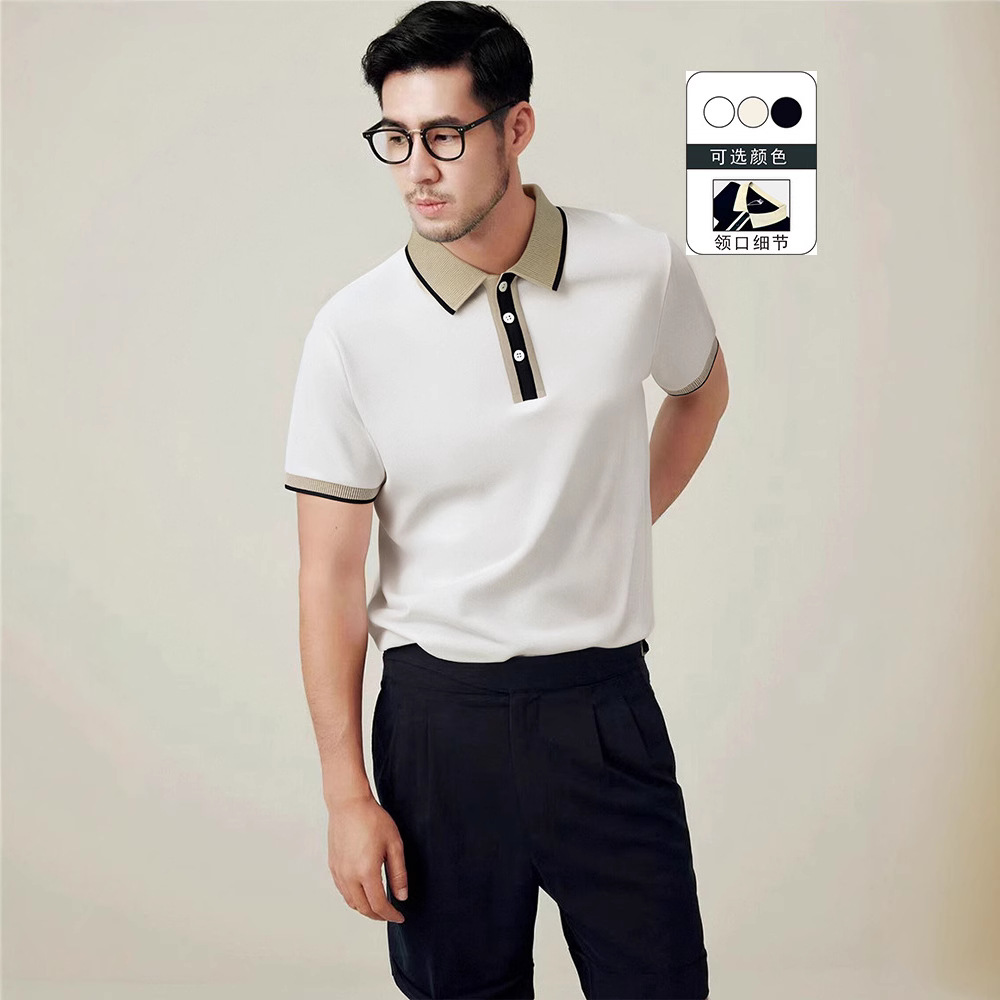 Old Money Style Luxury Knit Patchwork Color-Block Short-Sleeve Polo Shirt for Men, British Style Turn-Down Collar Breathable Polo Shirt
