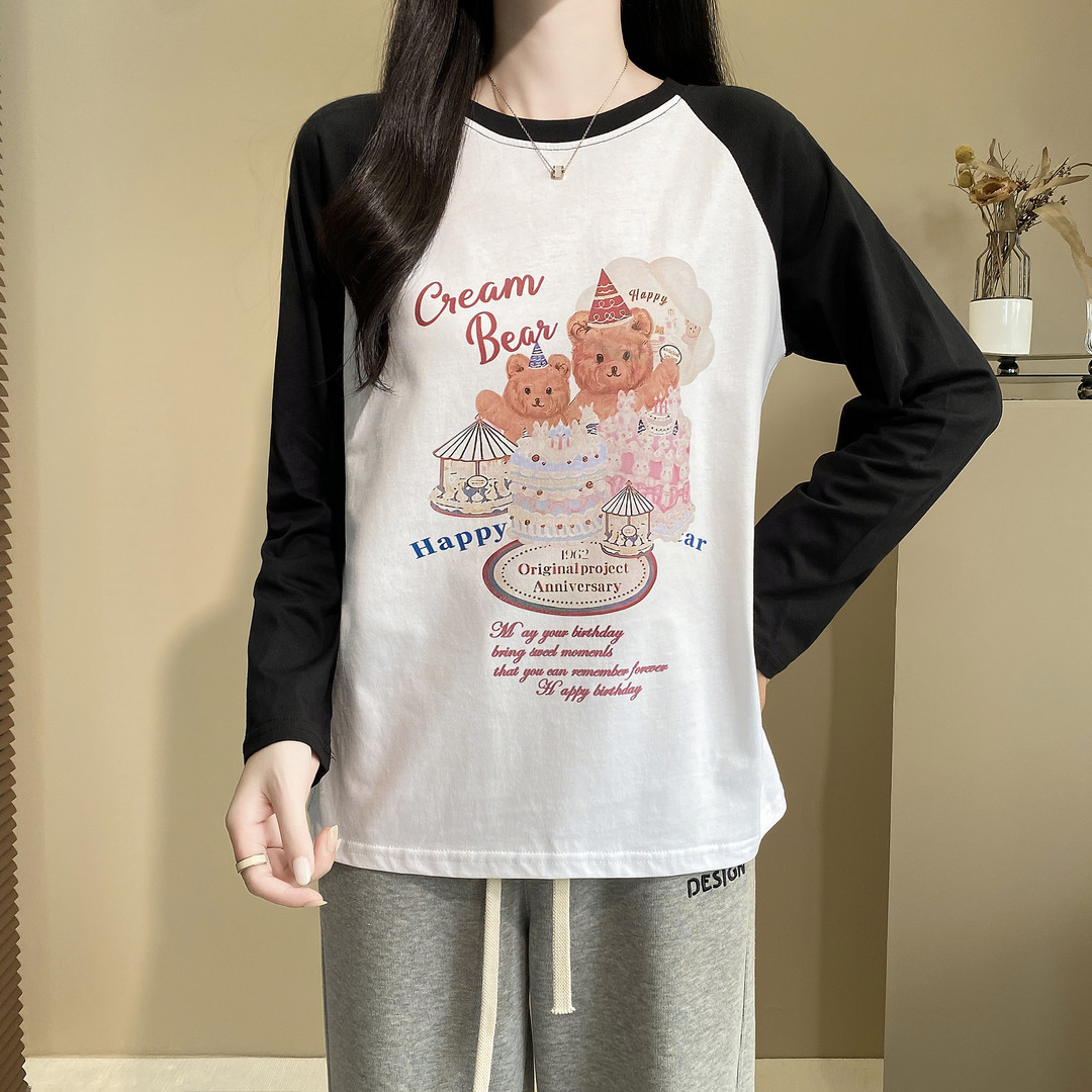 打底衫女蛋糕小熊插肩袖春秋季修身内搭女正肩长袖气质insT恤上衣