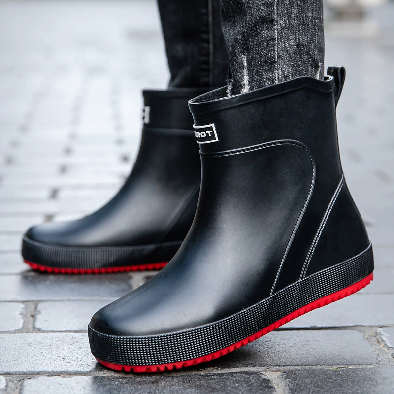 Модные резиновые сапоги, Мужская короткая непромокаемая обувь, Нескользящие, износостойкие, на флисовой подкладке, непромокаемые сапоги на плоской подошве для кухни и рыбалки