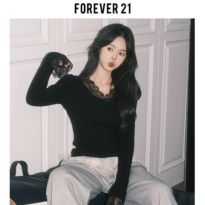 Forever21纯欲杏色蕾丝拼接V领上衣女秋冬法式打底长袖修身针织衫|undefined