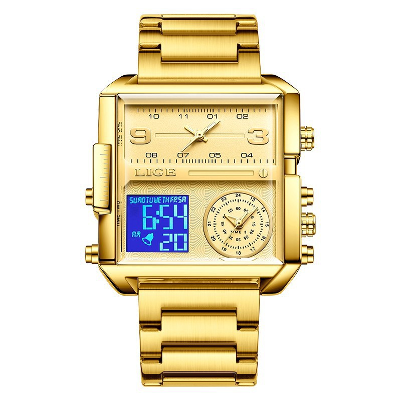 Lige cuarzo electrónico doble reloj de pantalla reloj impermeable de los hombres reloj de correa de acero cuadrado multifuncional 8925
