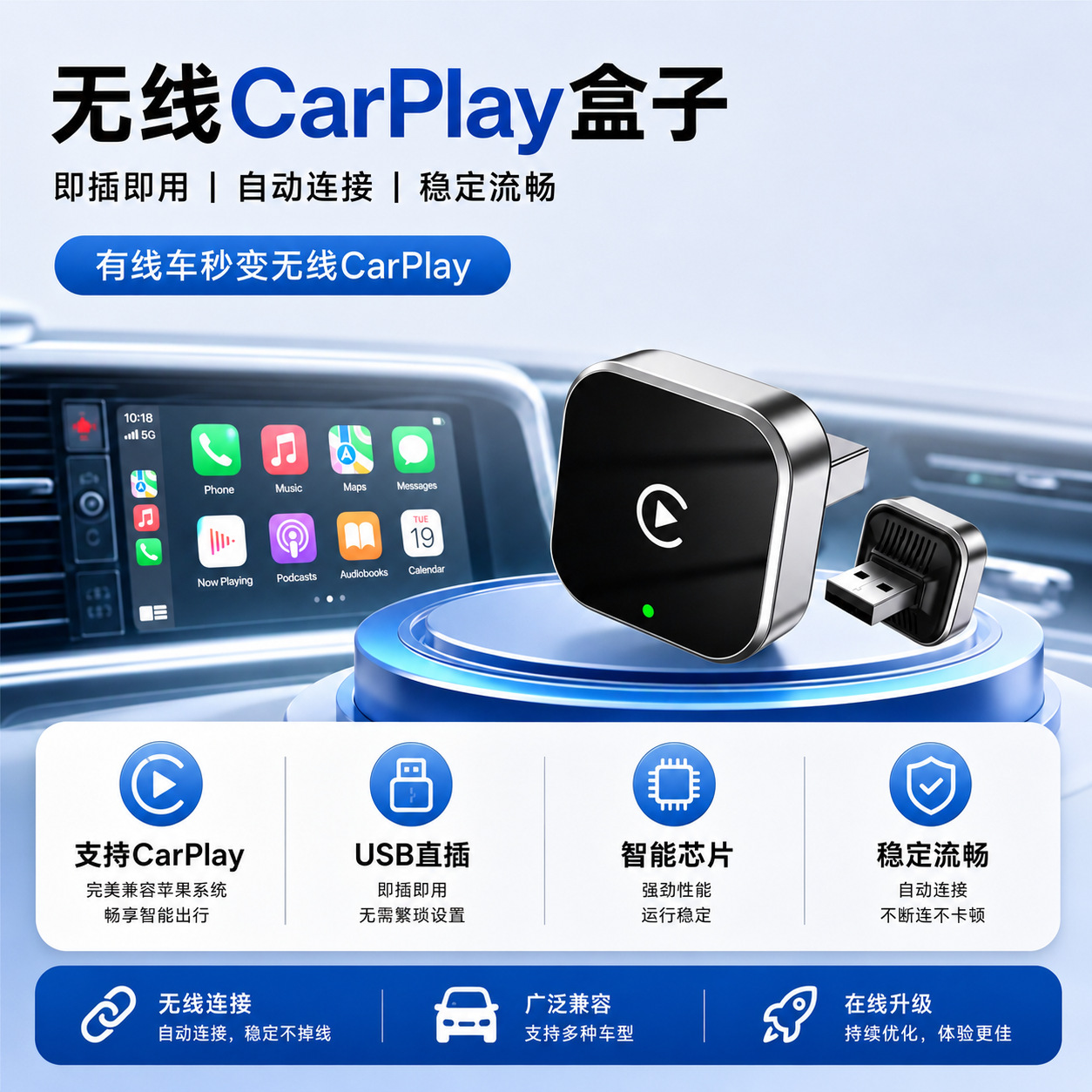 Cross-Border Wireless Carplay Conversion Box with Automatic Reconnection Without Dropping the Connection, Siri Activation, High-Definition Screen Projection, Manufacturer Wholesale