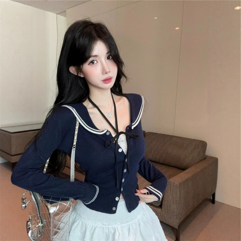 College Style Navy Collar Knitwear for Women in Autumn and Winter Pure Desire V-Neck Top Bottoming Shirt with Cardigan Knitwear That Can Be Worn Outside