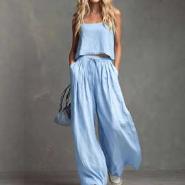 2026跨境欧美亚马逊春夏外贸女装纯色休闲棉麻吊带上衣阔腿裤套装
