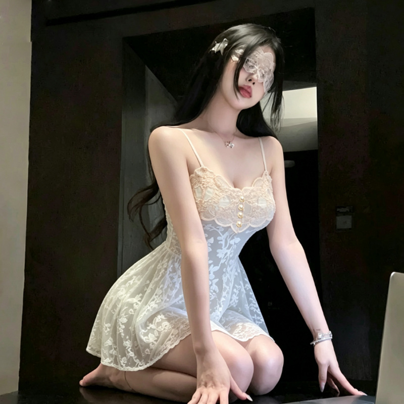 Faux Silk Lace Camisole Nightgown with V-Neck and Bow Detail, Light Blue One Size — detail image 4
