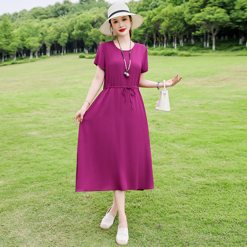 中高年向けの新しい綿シルクドレス、夏の若いスタイル、中年母親の花柄ロングスカート、エレガントなアウターウェア|undefined