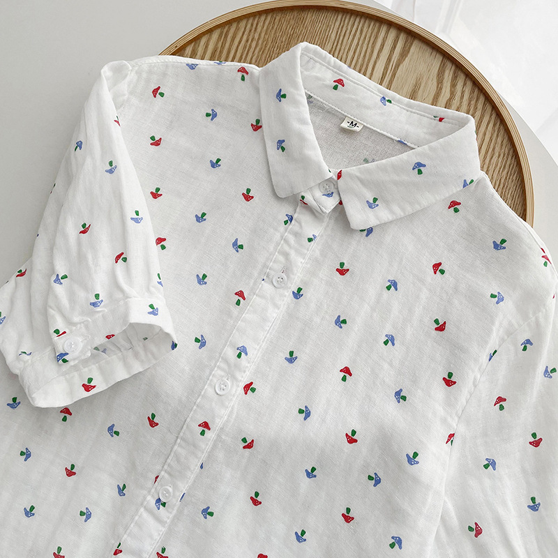Summer New Fresh Print Short-sleeved Shirt Soft Double-layer Cotton Yarn Loose Lapel Short-sleeved Shirt Women's Top Summer New Fresh Print Short-sleeved Shirt Soft Double-layer Cotton Yarn Loose Lapel Short-sleeved Shirt Women's Top