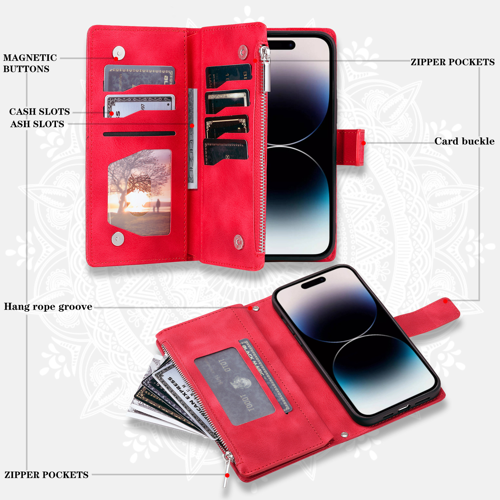 Convient pour iPhone 15 jusqu'à 15, étui multi-zip en relief, étui d'insertion de carte Appl 14 Samsung S24U_voghion.com
