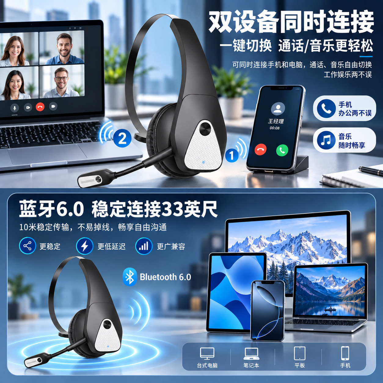Bluetooth Headphones 2026 New Model Business Conference Noise Cancelling Truck Driver Long Battery Life Over-Ear Wireless Bluetooth Headphones