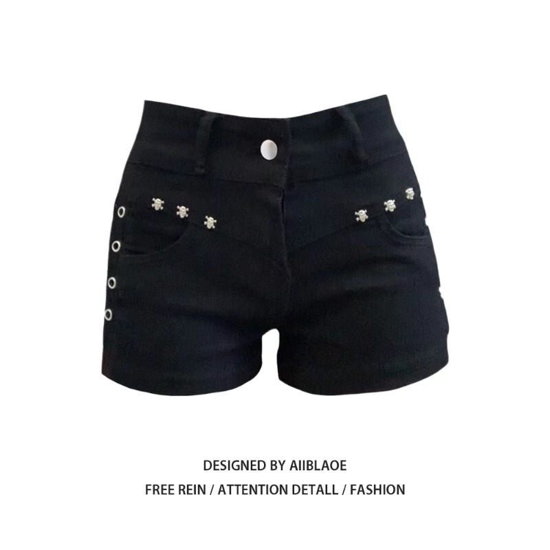 American-Style Spicy Girl Black Ultra-Short Denim Shorts for Women, Spring and Summer, with Rivets, Low Waist, Slimming Design, Hip-Hugging Hot Pants for Summer American-Style Spicy Girl Black Ultra-Short Denim Shorts for Women, Spring and Summer, with Rivets, Low Waist, Slimming Design, Hip-Hugging Hot Pants for Summer