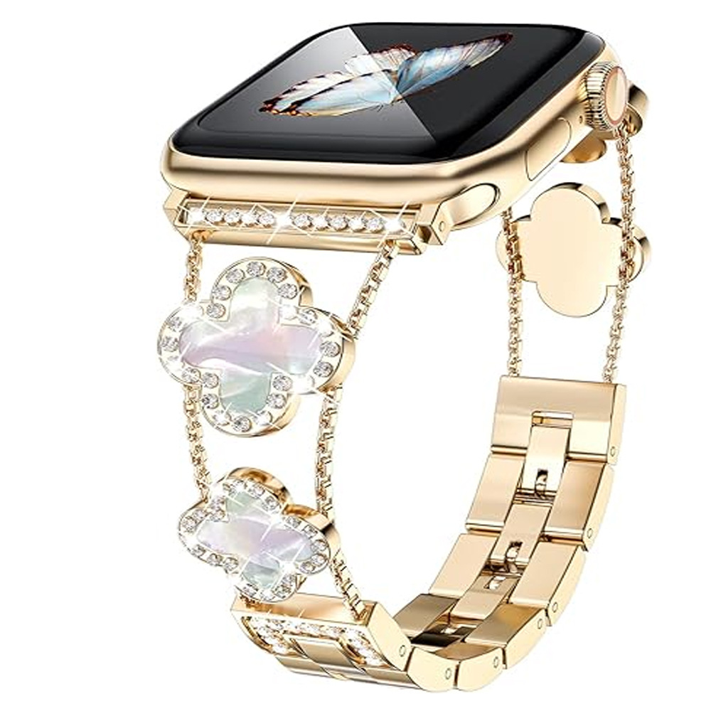 Apto para Apple Watch Apple Watch Correa de metal de trébol de cuatro hojas de diamantes de moda de SE1-10 generación