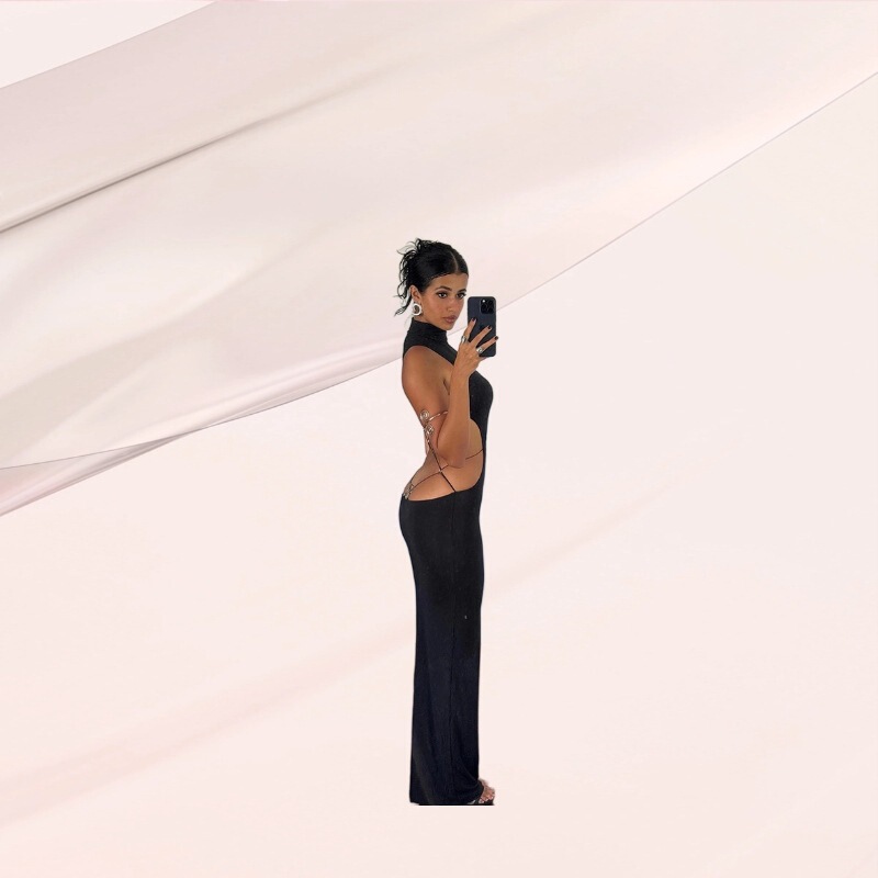 Sexy Backless Hollow-Out High-Neck Dress for Women, Slim-Fitting Long Dress with a Hot Girl Vibe
