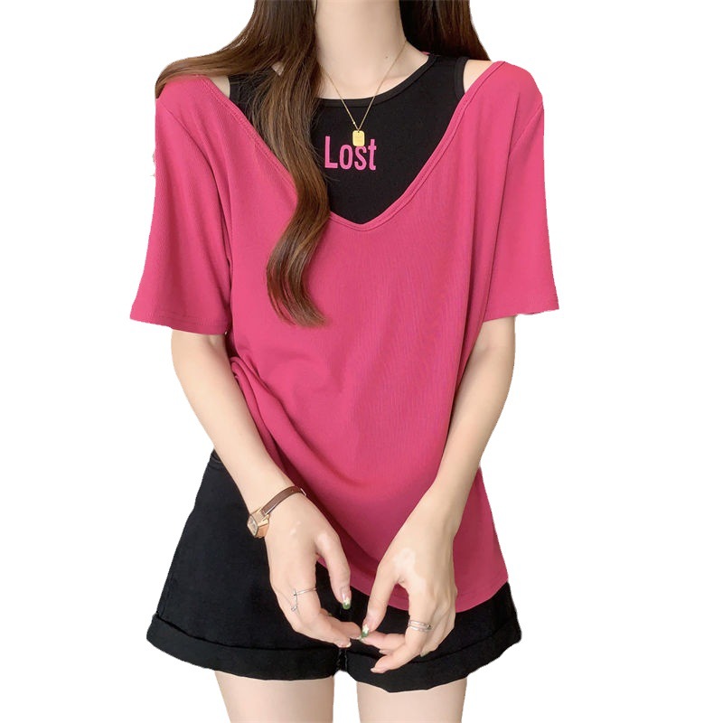 Tallas grandes para mujer que cubre el vientre impreso hombro manga corta camiseta hueca hermana gorda de las mujeres que adelgaza suelta falso top de dos piezas image 7