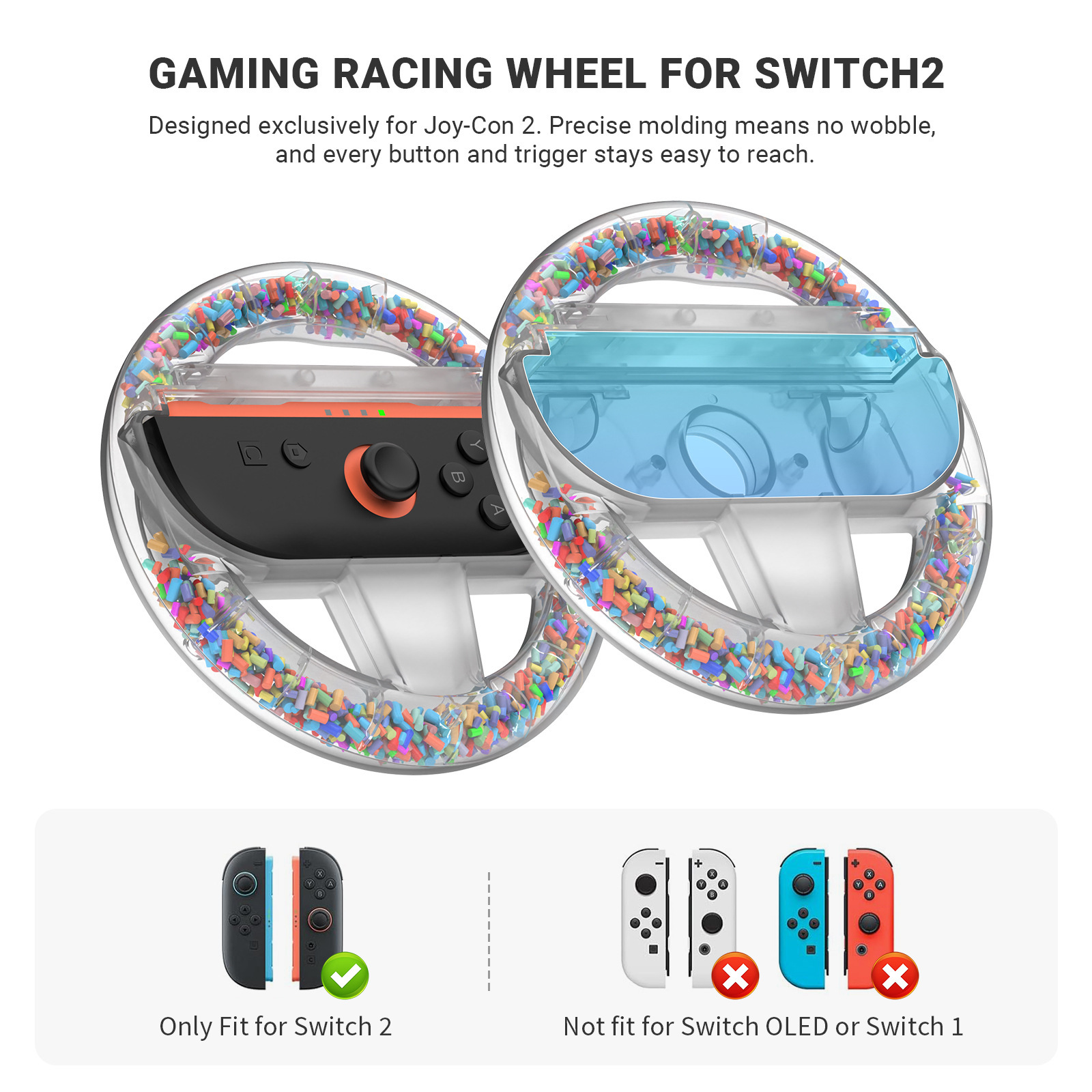 Switch2 Left and Right Small Transparent Mini Mario Kart Game Steering Wheels with Colorful Particles, 2-Pack
