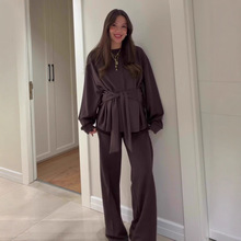 欧美亚马逊跨境外贸2025秋季新款圆领长袖收腰上衣纯色长裤套装女