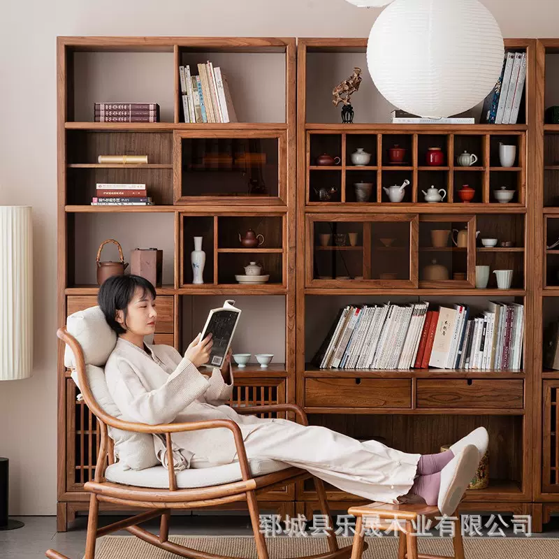 实木书架新中式博古架老榆木落地整墙陈列柜客厅靠墙书柜置物架