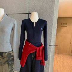 WGWE7216#十三行女装2025早秋装新款小个子复古刺绣半开领长袖T恤