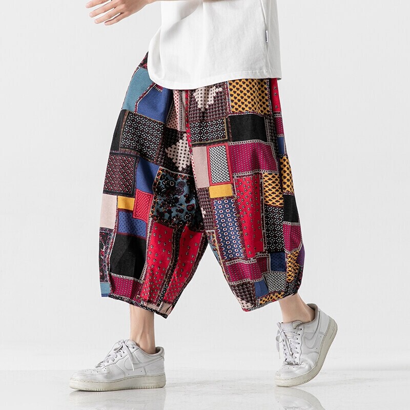 Southeast Asia Tropical Beach Style Summer Color Pants Cotton and Linen 7-point Pants Chinese Style Loose Beach Pants Casual Pants